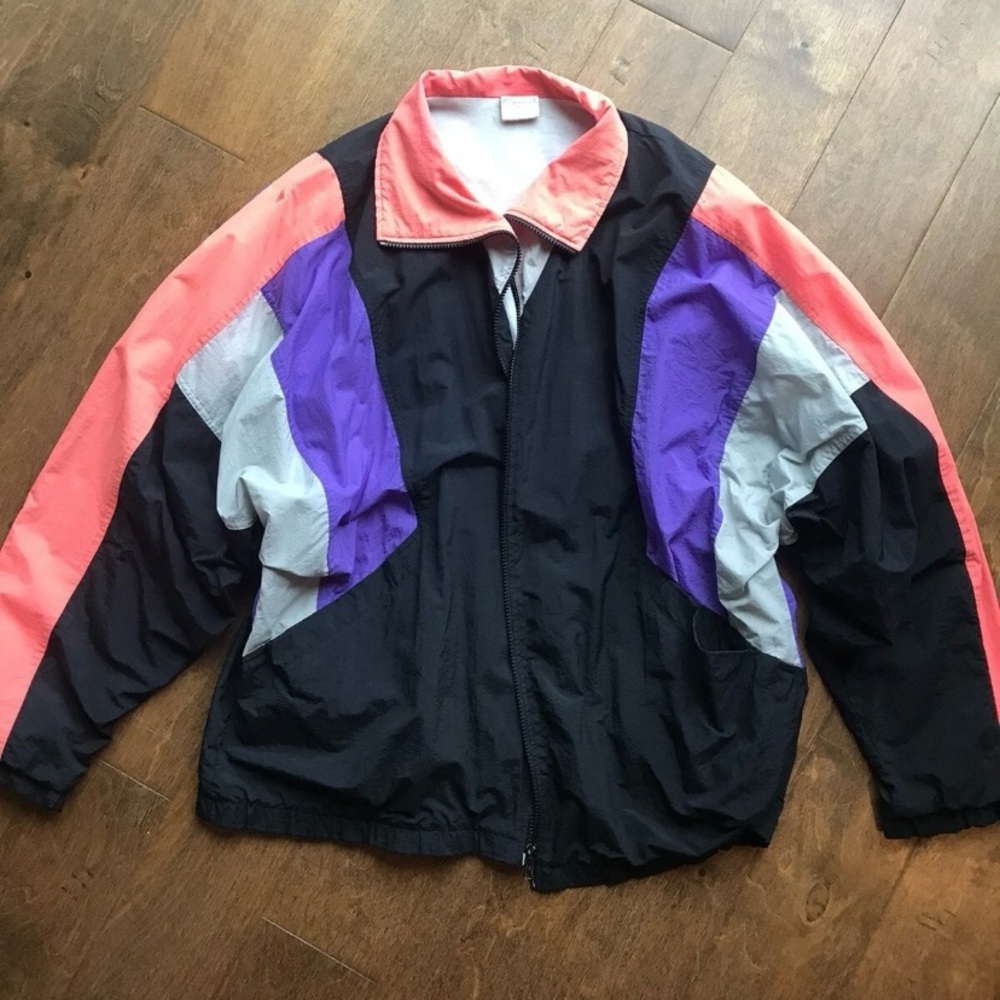 Vintage Windbreaker Surf Style Jacket Purple Orange Neon Rave Men’s Size Large